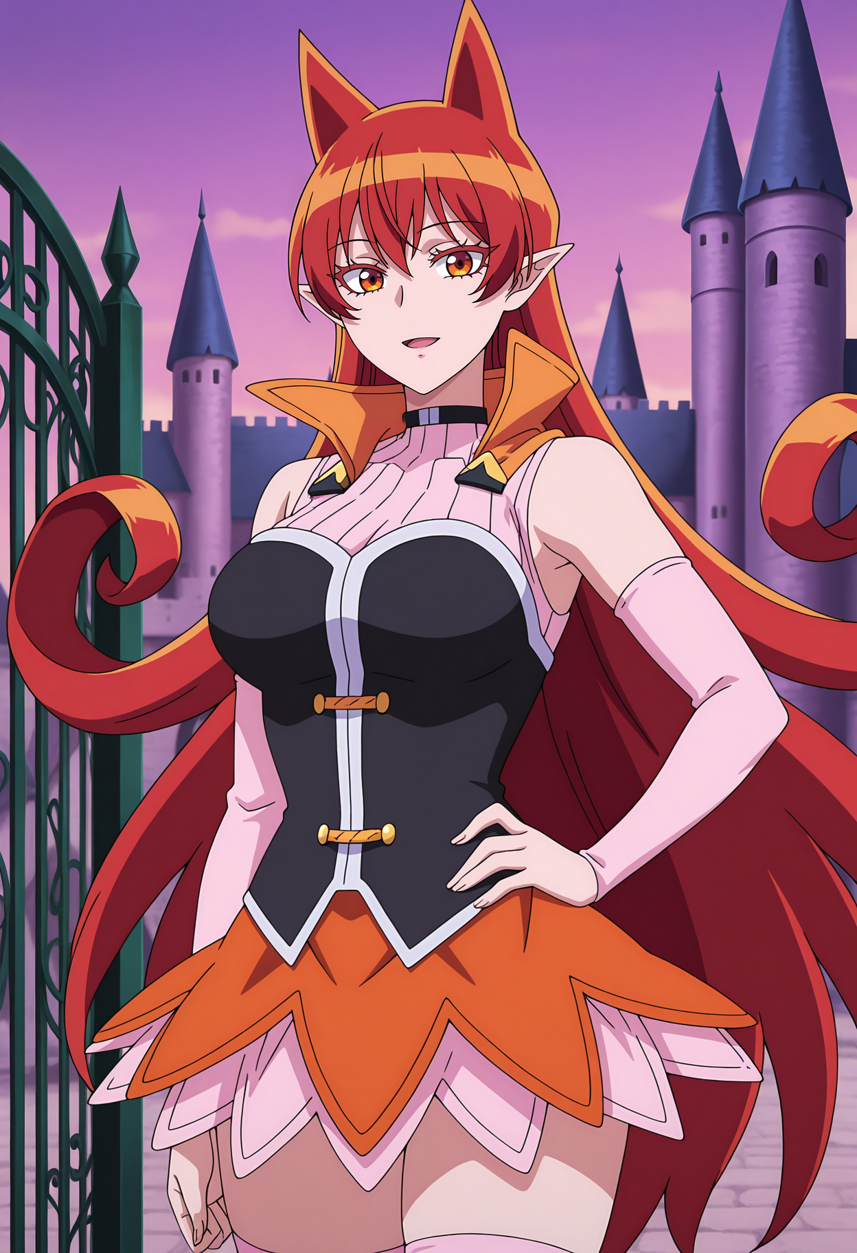 anime screencap, masterpiece, best quality,
<lora:MairimashitaIruma-Kun_AzazelAmeri_IlluXL:0.9>,
1girl, solo, light smile, open mouth,
hair horns, curly hair, very long hair, hair between eyes, red hair, orange eyes, pointy ears, colored eyelashes,
black choker, high collar, orange collar, turtleneck shirt, sleeveless shirt, ribbed shirt, pink shirt, black corset, detached sleeves,
miniskirt, layered skirt, orange skirt, pink skirt, pink thighhighs,
hand on own hip,
standing, looking at viewer, cowboy shot,
outdoors, purple sky, gate, castle