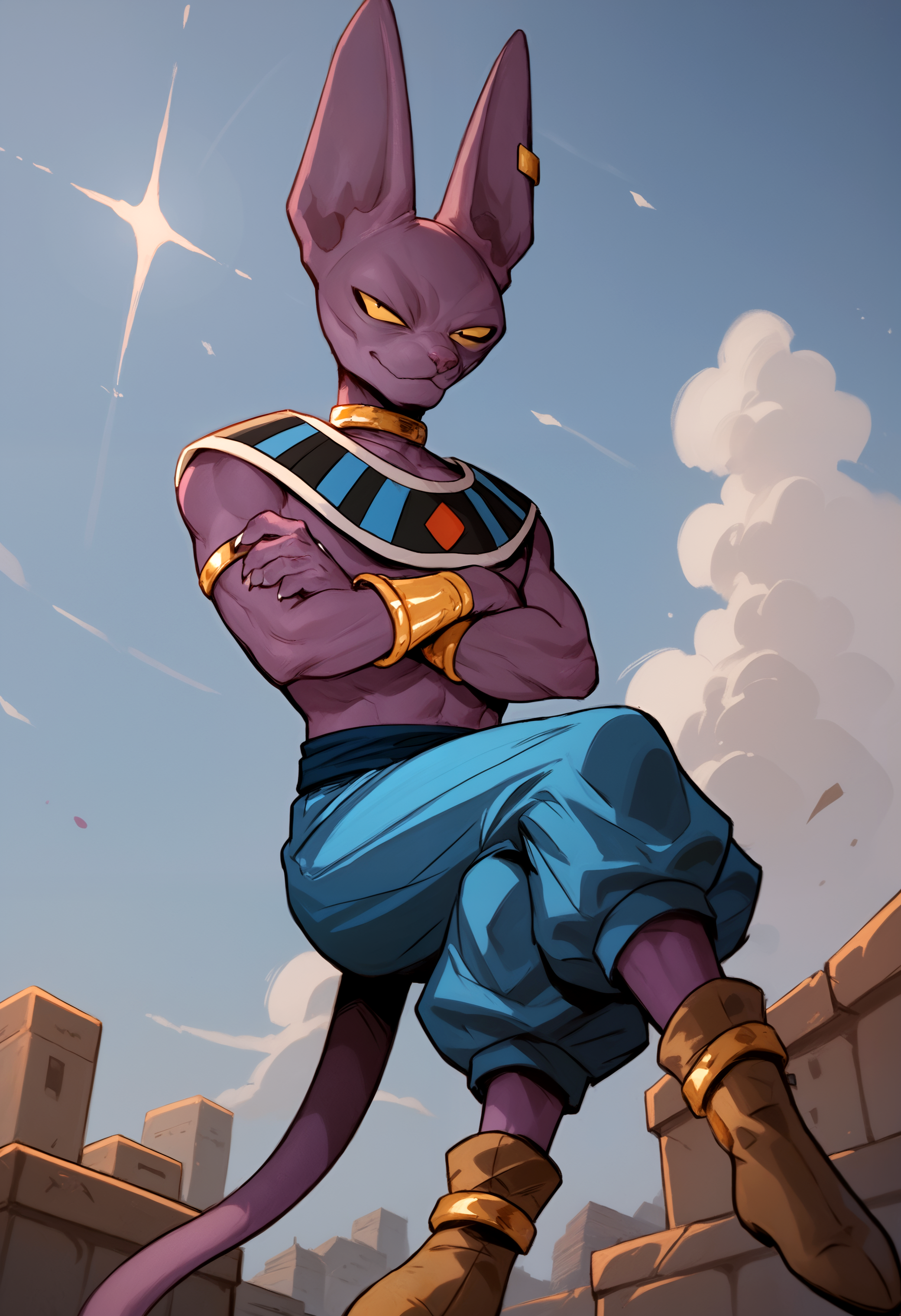 score_9, score_8_up, score_7_up, anthro only, furry only, 1boy, solo,  <lora:BeerusPony-000002>, 1boy, solo, beerus, cat boy, purple skin, collar,  egyptian clothes, gold armlet, gold choker, gold earring, single earring, yellow sclera, black eyes, looking at viewer, baggy pants, boots, floating, crossed arms, looking at viewer, smug, displaying power, crossed legs,  outside,