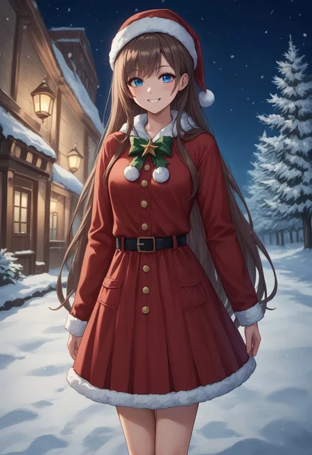 score_9, score_8_up, source_anime, highly detailed, 1girl, solo, female_focus slender, skinny, human child,
sora, long hair, female focus, 1girl, brown hair, blue eyes, christmas, santa hat, santa costume, skirt, miniskirt, fur-trimmed skirt, solo, smile, very long hair, standing,
outdoor, snow,