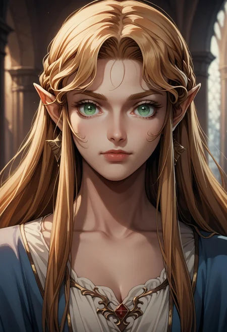 source_anime, C4STL3V4NI4, castlevania_(netflix) ((score_9)),score_8_up,score_7_up,score_6_up,score_5_up,score_4_up, retro_artstyle, anime style, 1woman, Princess Zelda, blonde hair, large breasts, (green eyes), looking at viewer, facing viewer, masterpiece, best quality, highres, best illumination, depth of field,