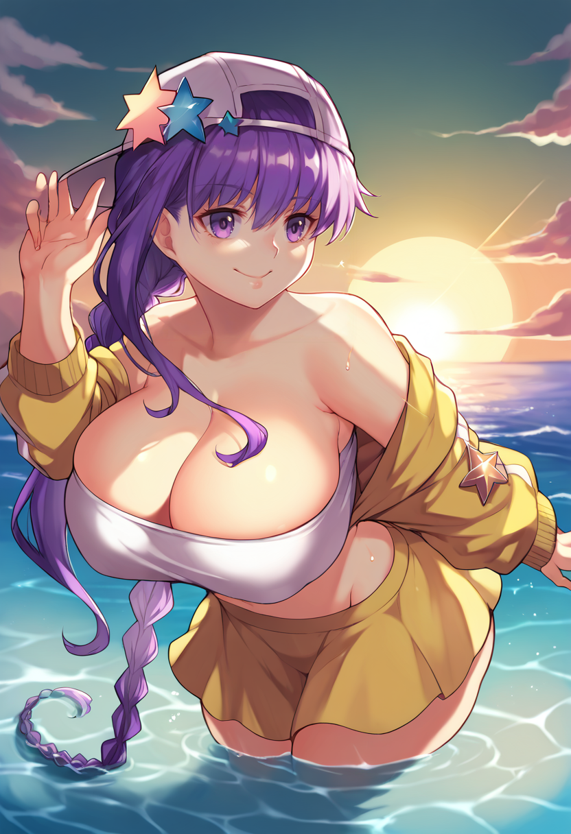 score_9, score_8_up, source_anime, 1girl, solo, BBSummer, purple eyes, purple hair, very long hair, single braid, baseball cap, backwards hat, star hat ornament, yellow jacket, off shoulder, white bikini, bandeau, yellow skirt, ocean, leaning forward, sunset, wading, smile, warm lighting, backlighting, <lora:ChamBBFatePonyXL:1>,   huge breasts, thick thighs, wide hips <lora:Aster-Crowley-Style-PonyXL-Dora-final-000024:1>