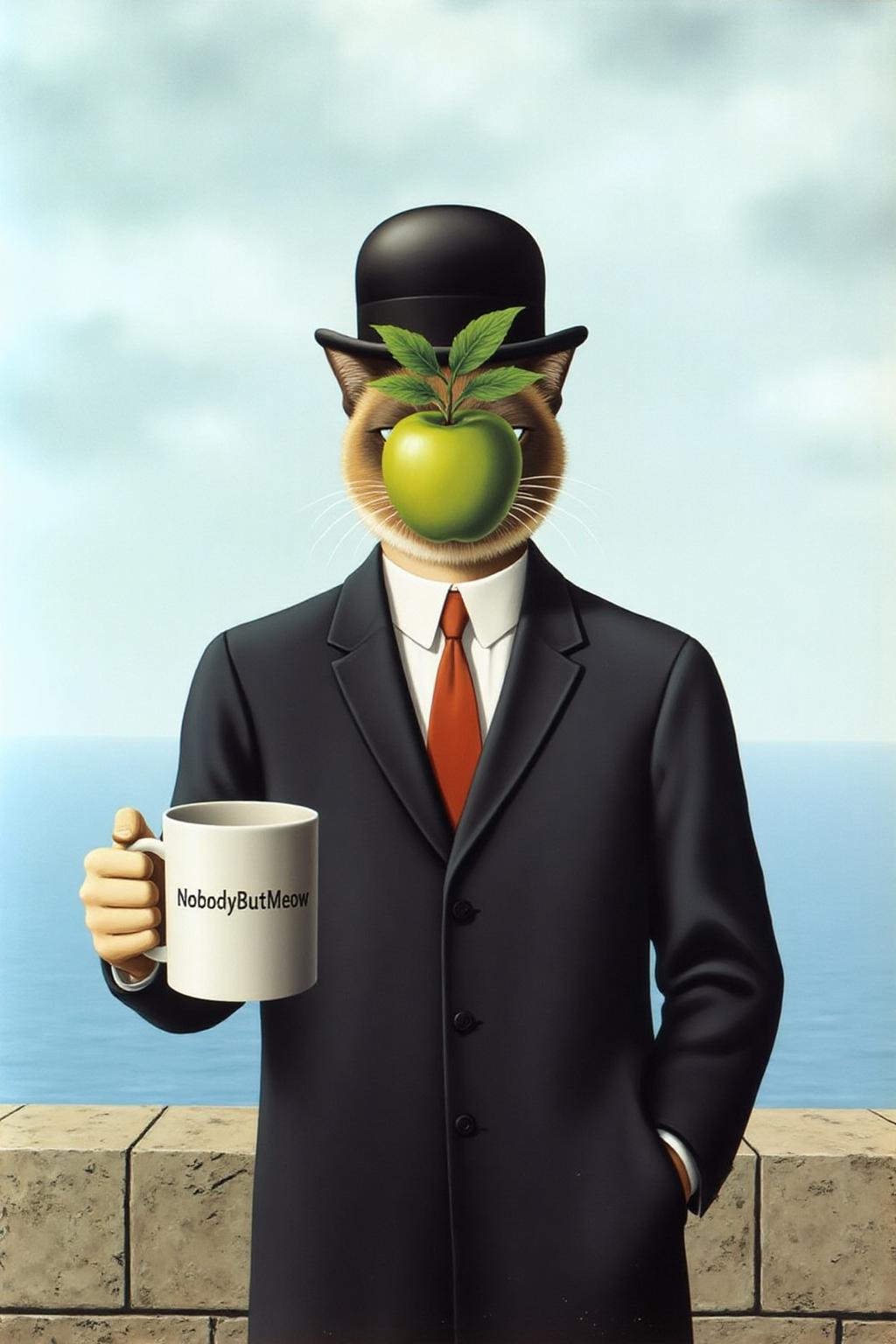 renemag1 painting.
Grumpy Cat standing against a serene, slightly overcast sky with a calm, deep blue sea visible in the background. The cat is dressed in a dark, long-tailed suit with a white shirt and a red tie. His face is obscured by a green apple, with a stem and leaves sprouting from the top, creating a surreal and whimsical effect.
The cat is holding a coffee mug, wearing a bowler hat. The mug has the phrase "NobodyButMeow" printed. <lora:renemag1_cap_d6a3:1.0><lora:829579247107644275:0>
