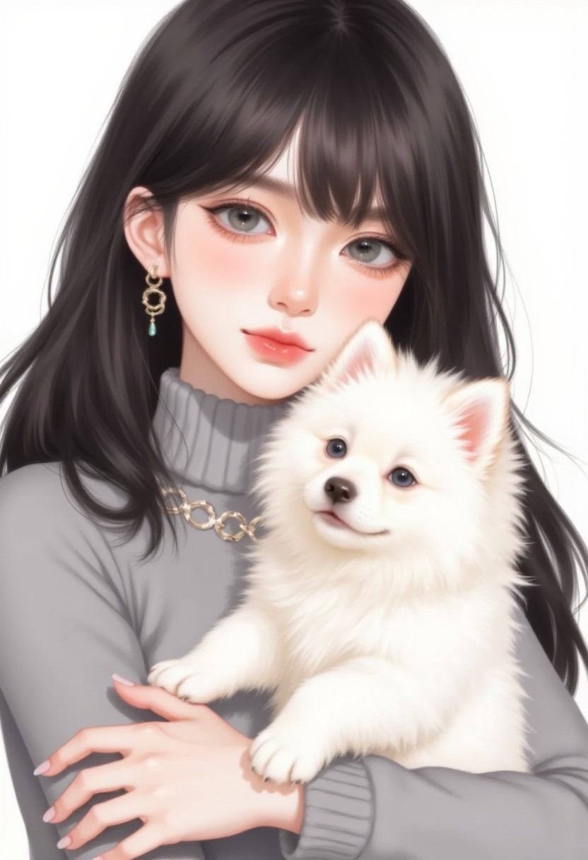 Exquisite illustration, white and cold skin, a beautiful girl with a warm smile, adorned with exquisite jewelry, long black fluffy hair, complete details, prominent highlights, gentle and romantic atmosphere, delicate texture, high-definition wallpaper, wearing a soft, cozy gray plush mink turtle neck sweater. Her long black hair cascades around her shoulders, exuding elegance. She gently cradles an adorable Samoyed puppy, its white fluffy fur radiating warmth and cuteness. The Samoyed’s big, bright eyes and fluffy coat contrast with the girl’s smooth features, creating a heartwarming scene. The close-up features the girl's gentle smile and the soft, pure expression of the puppy. The background is white, enhancing the tender, serene mood of the portrait, with exceptional attention to fine textures and very high-definition picture quality.