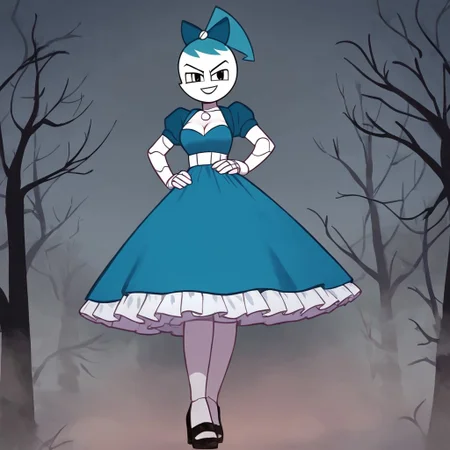 (Masterpiece, best quality:1.2), score_9, score_8_up, flat color, flat shading, soft shading, lighting, Jenny Wakeman as an adult, (((in a 1950's full length formal dark blue dress, a white belt, a fluffy frilly ruffled full white petticoat, and black high heels))), dress, layered petticoat, frilly petticoat, fluffy petticoat, full petticoat, detailed petticoat, wide skirt, detailed outfit, flowing skirt, (((long skirt))), (((solid dark blue colored dress, black high heels))), blue hair, series accurate, cute, best high quality, high res, robot, humanoid robot, (((big breasts, cleavage))), whole body shot, 1girl, (((solo, outside, in a dark creepy forest, at night, heavy fog surrounding her, fog, heavy fog, looking at you, low angle))), (((evil, evil smile, determined evil eyes, posing gracefully and evilly))), low angle shot, cartoon, cartoon style, vector, solo, circle dress, 1950s, dance dress jenny, jenny wakeman, 1girl, solo, robot joints, black eyes, white skin, ponytail, hair bow, blue rose chest corsage, poofy dress, blue hair, flat lighting,