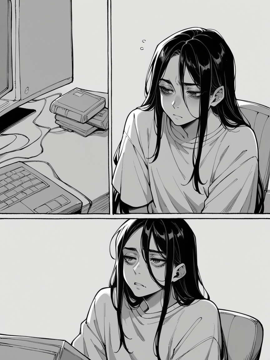 score_9, score_8_up, score_7_up, score_6_up, m4ng4, manga, monochrome, greyscale, (long hair:1.2), 1boy, comic, <lora:m4ng4XLP:1> panels, black hair, tired, computer