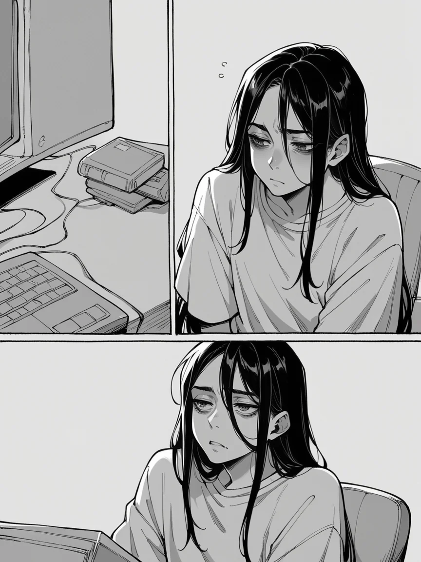 score_9, score_8_up, score_7_up, score_6_up, m4ng4, manga, monochrome, greyscale, (long hair:1.2), 1boy, comic, <lora:m4ng4XLP:1> panels, black hair, tired, computer