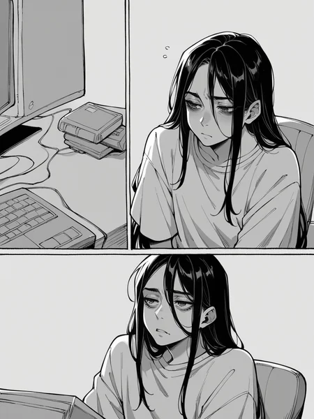 score_9, score_8_up, score_7_up, score_6_up, m4ng4, manga, monochrome, greyscale, (long hair:1.2), 1boy, comic, <lora:m4ng4XLP:1> panels, black hair, tired, computer