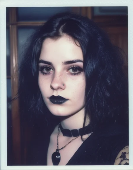 (indistinguishable from reality:1.4), 1girl, A beautiful big tiddy goth gf, 1987, polaroid, grainy, (detailed facial features), (freckles:0.6), (acne:0.3)
