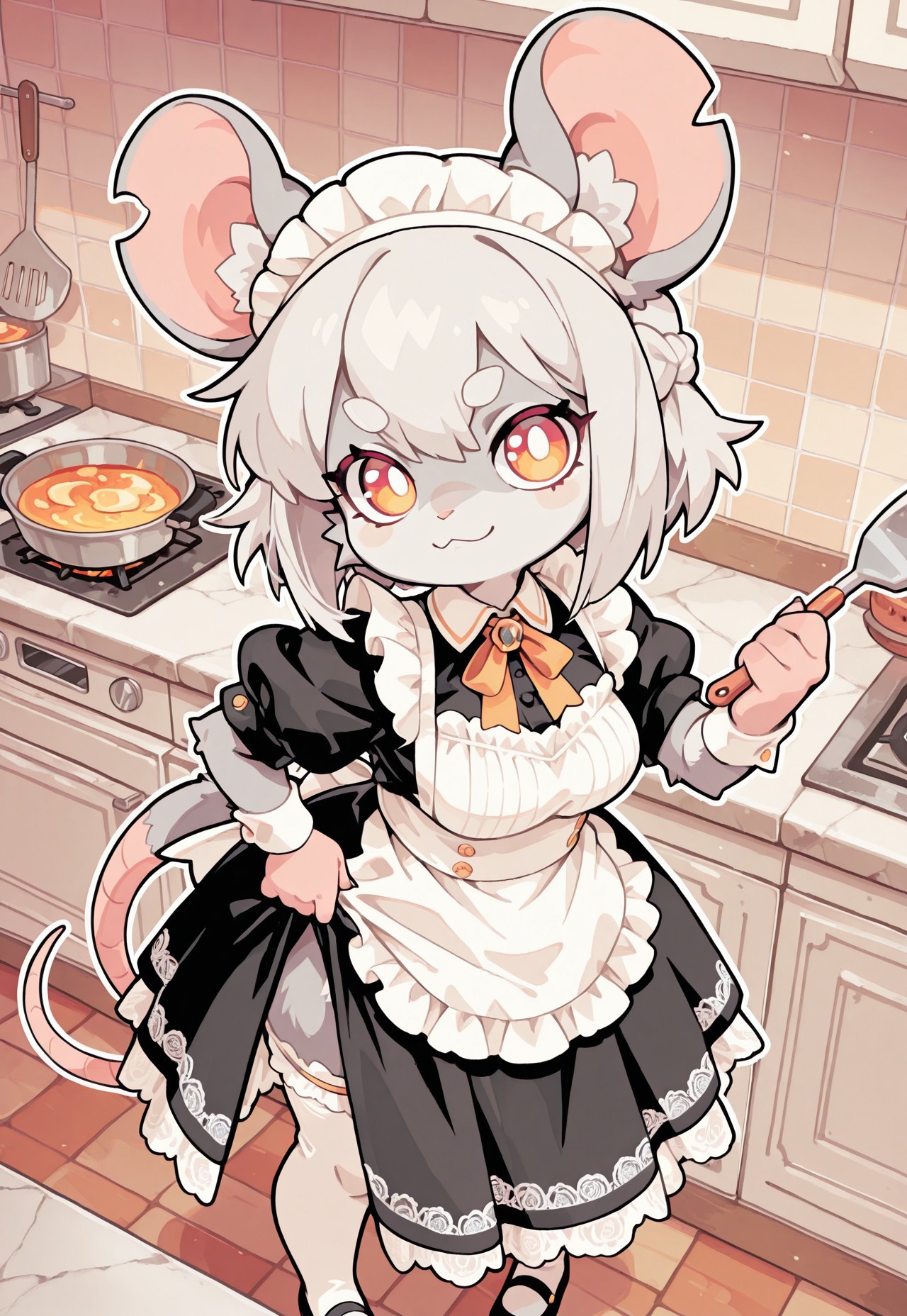 perfect eyes, S4bit4mago_illu, anime style, s0wasow4rt_illu, masterpiece, best quality, high quality, newest, highres, (chibi rat), score_9, score_8_up, score_7_up, Nameless_Style, rat girl, _Style, rat, furry:1.2, Cartoon_Type, solo, curvy, fluffy1.3, shortstack rat girl, large chest, lace styled dress, maid outfit, kitchen, long dress, from above, panoramic view of kitchen, , thick white outline, curvy, white lace, thigh garter, face focus, fabric, intricate lace, intricate details:1.2, long dress, gray fur, french braid hair, stockings, cooking, standing upright, pigeon-toed, tail, dainty pose, confident, proud, at an angle, dynamic angle, calm, hand on dress hem, cooking, countershade fur, stylish, pose, extremely detailed, high quality, cute background, 