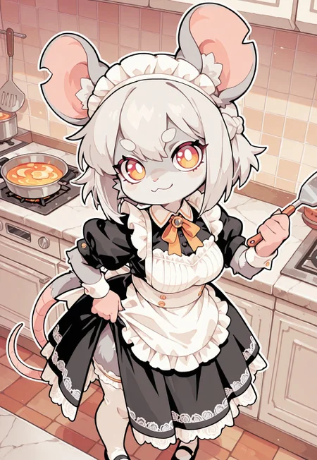 perfect eyes, S4bit4mago_illu, anime style, s0wasow4rt_illu, masterpiece, best quality, high quality, newest, highres, (chibi rat), score_9, score_8_up, score_7_up, Nameless_Style, rat girl, _Style, rat, furry:1.2, Cartoon_Type, solo, curvy, fluffy1.3, shortstack rat girl, large chest, lace styled dress, maid outfit, kitchen, long dress, from above, panoramic view of kitchen, , thick white outline, curvy, white lace, thigh garter, face focus, fabric, intricate lace, intricate details:1.2, long dress, gray fur, french braid hair, stockings, cooking, standing upright, pigeon-toed, tail, dainty pose, confident, proud, at an angle, dynamic angle, calm, hand on dress hem, cooking, countershade fur, stylish, pose, extremely detailed, high quality, cute background,