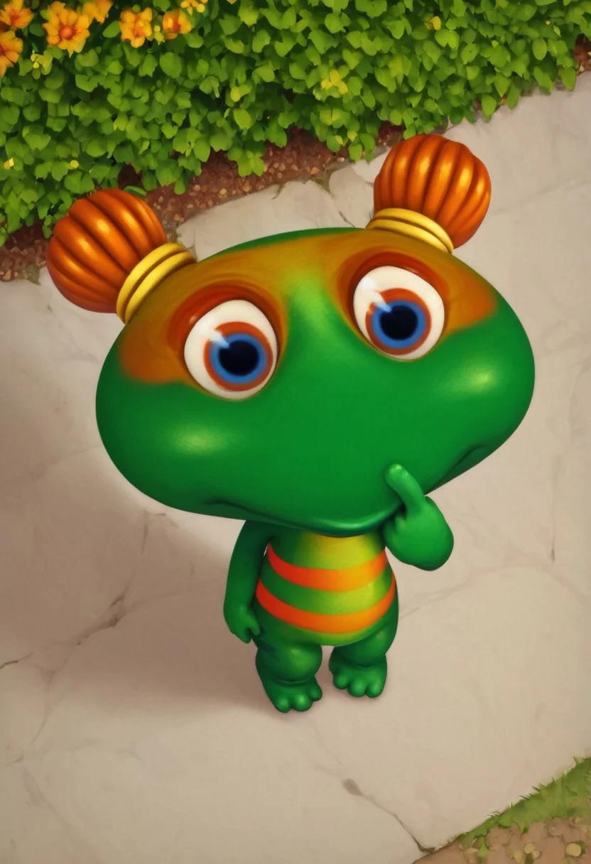 lulu zipadoo, 1girl, furry, anthro, (frog shaped head), green skin, blue eyes, orange eyelid, orange hair, yellow hair ties, pigtails, wide head, chibi, 3 oranges stripes around belly, plump, little tail, wide hips, short body, short legs, Expressiveh, realistic, 3d, score_8_up, score_7_up, BREAK, 1girl, solo, from above, high angle shot, shy, shy feet, sad, no shell, finger to finger, looking at viewer, park, detailed background