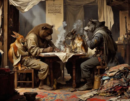 Rembrandt style <lora:funnys:1>, This is a high-resolution, ultra-realistic CGI-rendered illustration reimagining Ilya Repin's masterpiece "The Zaporozhian Cossacks Write a Letter to the Turkish Sultan" with anthropomorphic animal characters. Every detail is rendered with meticulous precision, capturing lifelike textures and lighting that blur the line between reality and artistry. The scene features four distinct anthropomorphic animalsâa bear, a hare, a fox, and a wolfâeach portrayed with anatomically accurate proportions, realistic fur, and expressive human-like gestures.,
At the heart of the composition sits the towering bear, his immense frame draped in a tunic made of coarse, handwoven fabric. His thick fur, rendered with photorealistic detail, shows individual strands catching the sunlight streaming through gaps in the tent roof. Each hair glistens subtly, creating a tactile sense of depth and realism. His weathered face conveys intense emotion as he dictates the letter, his deep-set eyes gleaming with fiery determination while his broad paws gesture emphatically. A faint scar runs along his left cheek, adding to his rugged appearance.,
To his right, the fox perches on a wooden stool, her lithe form poised with practiced elegance. Her sleek orange fur shimmers under the soft golden light, each strand meticulously textured to reflect her movements. She holds a quill pen delicately yet confidently in her slender fingers, pausing occasionally to glance up at the bear with a sly smile before returning to the parchment. Her sharp amber eyes glint with mischief as she adds exaggerated insults to the letter, her whiskers twitching with restrained laughter.,
Nearby, lounging on a pile of intricately patterned woven rugs, is the hare. His lean body reclines against a stack of cushions, his long ears drooping slightly from the warmth of the room. His soft gray fur has been rendered with hyperrealistic precision, showing subtle variations in tone and texture where it catches the light. Dressed in a patched vest and loose trousers, his relaxed posture contrasts humorously with the animated energy around him. In one paw, he cradles a ceramic mug filled with steaming tea, its surface reflecting tiny ripples as he raises it in mock celebration of their defiance.,
Standing at the edge of the group, leaning casually against a wooden support beam, is the wolf. His imposing figure commands attention despite his reserved stance. His dense gray fur is marked with faint scars and dirt smudges, evidence of battles fought and hardships endured. His piercing blue eyes scan the scene with quiet vigilance, betraying a hint of amusement when the others grow particularly boisterous. His cloak, woven from coarse wool, drapes naturally over his shoulders, with every fold and crease rendered in stunning detail.,
The setting is brought to life with breathtaking realism: the makeshift tent is constructed from weathered canvas, its fibers frayed and stained with age. Sunlight filters through cracks in the roof, casting dynamic shafts of light across the scene and highlighting dust particles suspended in the air. Rough-hewn wooden furniture fills the spaceâbenches, stools, and tables carved with visible tool marksâand colorful woven rugs cover the earthen floor, their intricate patterns rendered with photographic clarity. Weapons hang from pegs on the walls, including sabers and muskets, their metallic surfaces reflecting soft highlights.,
On the central table lies the half-written letter, its parchment illuminated by the natural light. Ink stains dot the edges of the paper, and scattered inkpots and quills sit nearby, some tipped over from the chaos of writing. Empty mugs and plates litter the area, remnants of a recent meal shared among comrades. Above the bustling scene hangs a faded banner bearing the inscription: "Freedom cannot be tamed.",
Every element of this ultra-realistic depictionâfrom the delicate reflections on the ceramic mugs to the fine hairs of the animalsâ furâis crafted with extraordinary attention to detail. The result is an immersive visual experience that captures not only the humor and camaraderie of the original painting but also elevates it into a world where these anthropomorphic characters feel alive, tangible, and utterly convincing., ultrarealistic . Baroque, chiaroscuro, realistic, emotional, "flat lighting