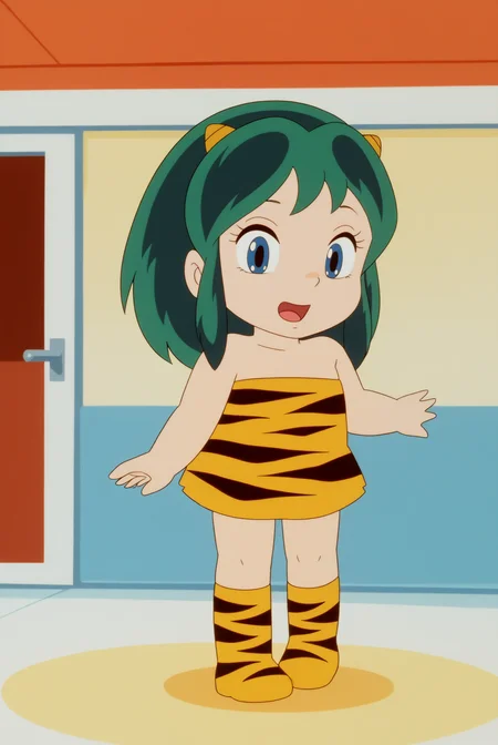 Lum, child, tiger print strapless_dress <lora:Commission-Urusei_Yatsura_80s-Lum-PDXL:0.8>