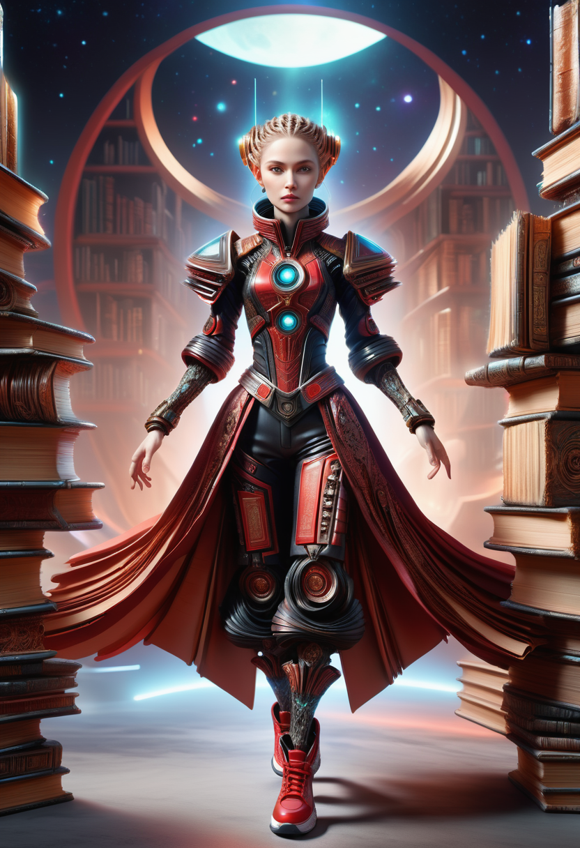 hyper detailed masterpiece, dynamic, awesome quality, DonMB00ksXL female space music composer,  retirement age, voluminous, russian, hazel eyes,  narrow nose,   low cheekbones, prominent forehead,  well-formed back muscles,  , peach fishtail braid hair, hope,
 gesturing in a non-verbal exchange with an extraterrestrial being.,
  wearing  plasma-lace culottes, carbon-fiber reinforcement    quinacridone red quantum-tech blouse, holographic sneakers,  , asserting control over a fascinating and unfamiliar alien life form., made of books,leather <lora:DonMB00ksXL-000008:1>