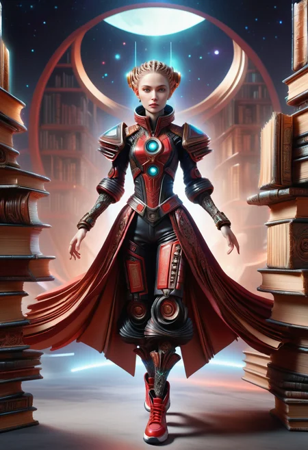 hyper detailed masterpiece, dynamic, awesome quality, DonMB00ksXL female space music composer, retirement age, voluminous, russian, hazel eyes, narrow nose, low cheekbones, prominent forehead, well-formed back muscles, , peach fishtail braid hair, hope,
gesturing in a non-verbal exchange with an extraterrestrial being.,
wearing plasma-lace culottes, carbon-fiber reinforcement quinacridone red quantum-tech blouse, holographic sneakers, , asserting control over a fascinating and unfamiliar alien life form., made of books,leather <lora:DonMB00ksXL-000008:1>