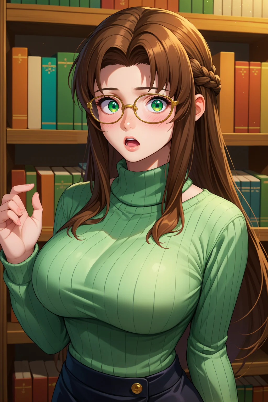 score_9, score_8_up, score_7_up, score_6_up, source_anime, 1girl, solo, <lora:ifalna-pdxl-nvwls-v1-000005:1> ifalna, brown hair, long hair, parted bangs, braid, green eyes, grey sweater, turtleneck, ribbed sweater, black skirt, large breasts, glasses, bookshelf, chestnut mouth, blush, surprised, looking at you