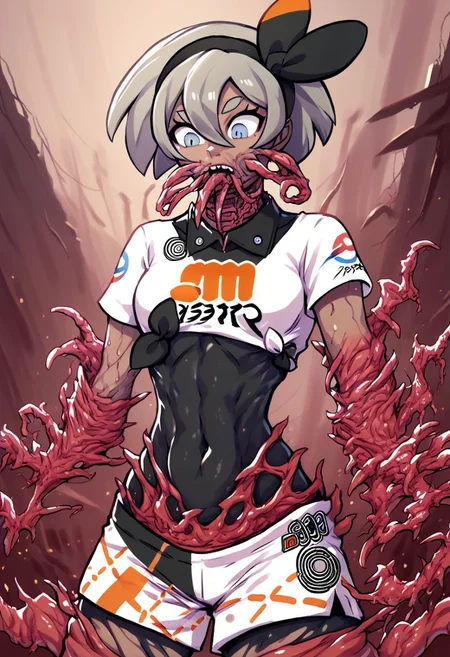 score_9, score_8_up, score_7_up, score_6_up, score_5_up, score_4_up,
pokemonbea, blue eyes, dark skin, dark-skinned female, grey hair, hair between eyes, short hair, ribbon, hair ribbon, hairband, black ribbon, black hairband, bodysuit, covered navel, shorts, single glove, glove, crop top, white shirt, short sleeves, collar, white shorts,
Standing in valley
Bea morphing into fleshmutant, grotesque transformation, infected, mutating, morphing into fleshmutant, Corruption, infected, fleshmutant, half transformed, mid transformation, x morphing into y, Bea morphing into fleshmutant, mid transformation, grotesque transformation, red tendrils under skin, tendrils in face, red tendrils coming out of mouth