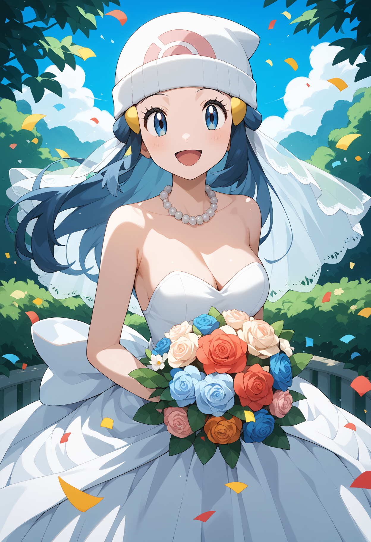 score_9, score_8_up, score_7_up, score_6_up, score_5_up, score_4_up, source_anime, aadawn, long hair, blue hair, beanie, white headwear, hair ornament, blue eyes, breasts, <lora:dawn_(pokemon)_ponyxl_v1:0.9>, garden, wedding dress, necklace, smile, open mouth, bouquet, day, confetti, cowboy shot, standing,