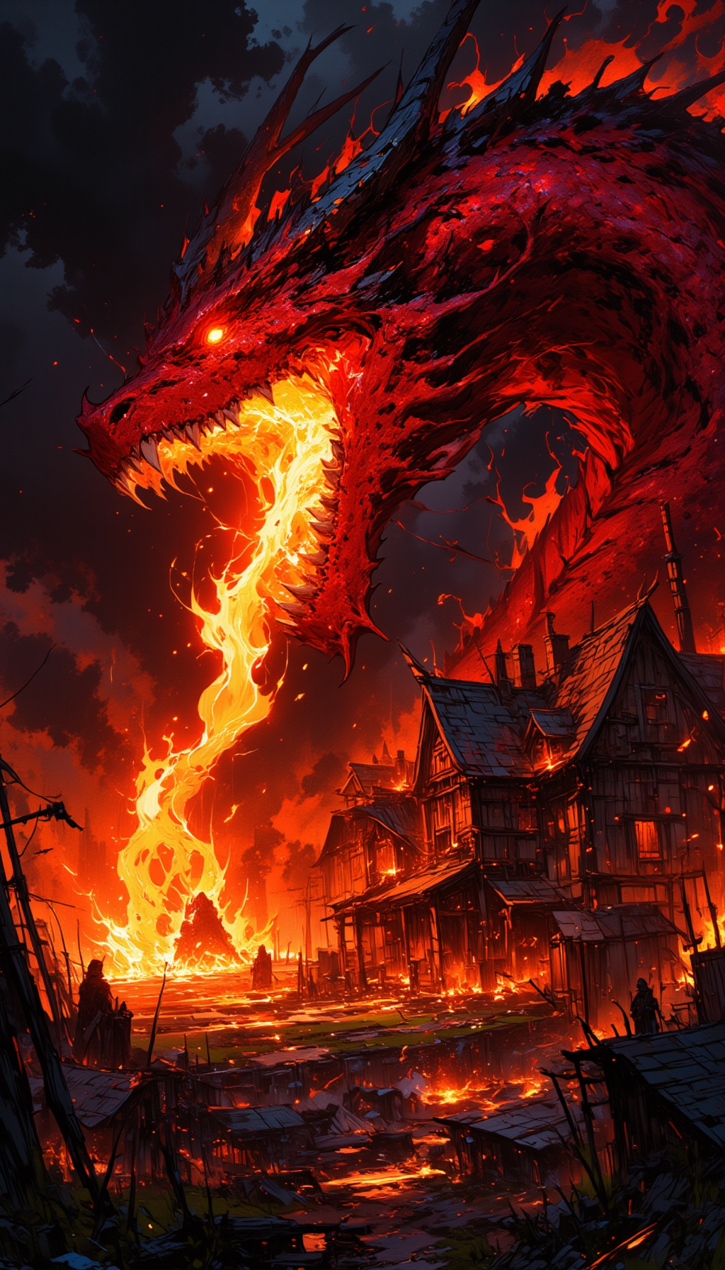 A master-level, highly detailed, dark fantasy scene featuring a massive red dragon, its jaws wide open, spewing an inferno of scorching flames directly from its throat onto a small, rustic farmhouse in a village. The intense fire flows like a molten river from the dragon's maw, consuming the wooden structure as other parts of the village catch fire. Glowing embers scatter through the dark air, while the dragon's glowing red scales reflect the fiery blaze. The color palette is dominated by deep shadows and strong contrasts, with the dragon's flames illuminating the night in fierce orange and red tones.<lora:FluxEpicDragons:0.6>