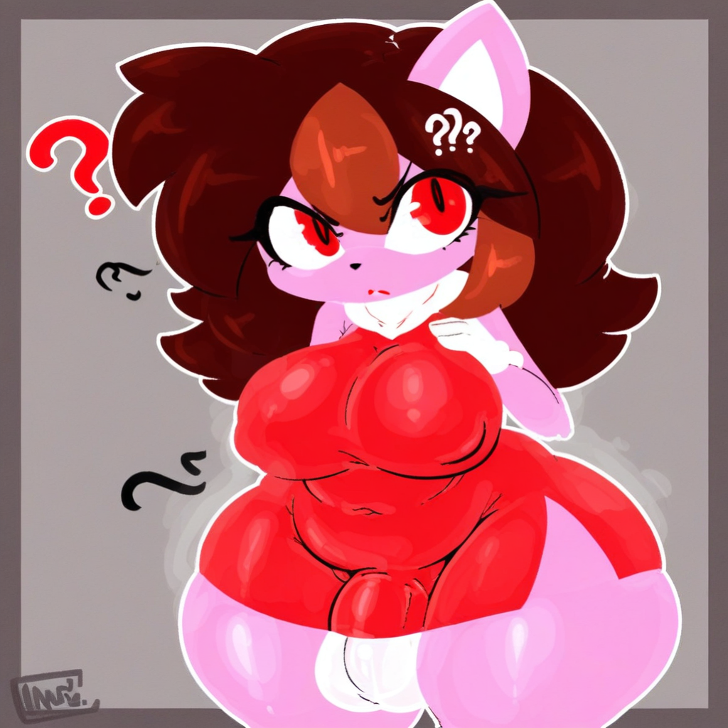 thick thighs, ?, breasts, solo, red eyes, futa with female, CamiGZ style, red dress, pink fur, brown hair, monochrome, multicolored hair