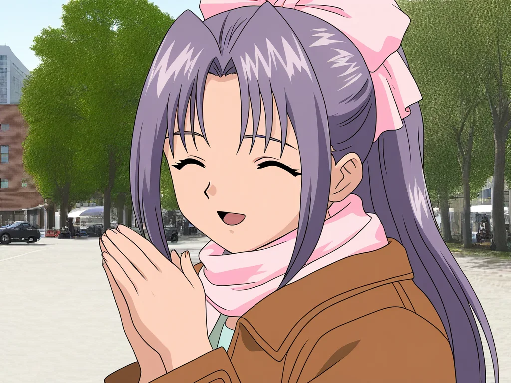 general,highres, game cg, ultra-detailed,very aesthetic,best quality ,best hands, BREAK <lora:koigakubo_Momoko_IS:1>koigakubo_Momoko, solo, purple hair, long hair, hair bow, brown eyes, ponytail, pink bow,
solo, scarf, closed eyes, bow, coat, smile, upper body, ^_^, photo background, outdoors, building, hair ribbon, open mouth, tree,
anime coloring,