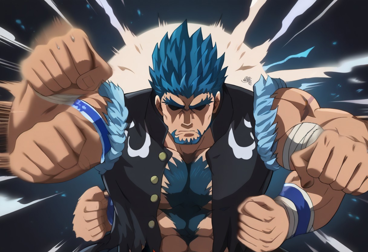 score_9, score_8_up, score_7_up, score_6_up, sperfect anatomy, perfect proportions, best quality, masterpiece, high-resolution, high quality, aesthetic, absurdres, (male focus), solo male, source_anime \(Bucchigiri\), anime coloring, BERKenichiro, Kenichiro Doman \(Bucchigiri\), hidden eyes, eyes in shadow, eyes hidden by shadows, dark blue hair, ponytail, sideburns, facial hair, goatee, chest hair, scars, scar on arm, Kenichiro outfit \(Bucchigiri\), Choran\(long school uniform\), Choran jacket\(long school uniform\), black jacket, sleeveless jacket, ripped sleeveless jacket, open jacket, torn clothes, bare shoulders, bare chest, bare abdomen, blue armband, Minato Kai armband \(Bucchigiri\), white wrist bandage, adult, mature, masculine, manly, handsome, charming, alluring, upper body, rushpunch,punching,multiple hands,fists,clenched fists, (motion_blur:1.2),(motion line:1.1), speed_lines, dynamic angle
dark background, blue lightning, purple glow, from front