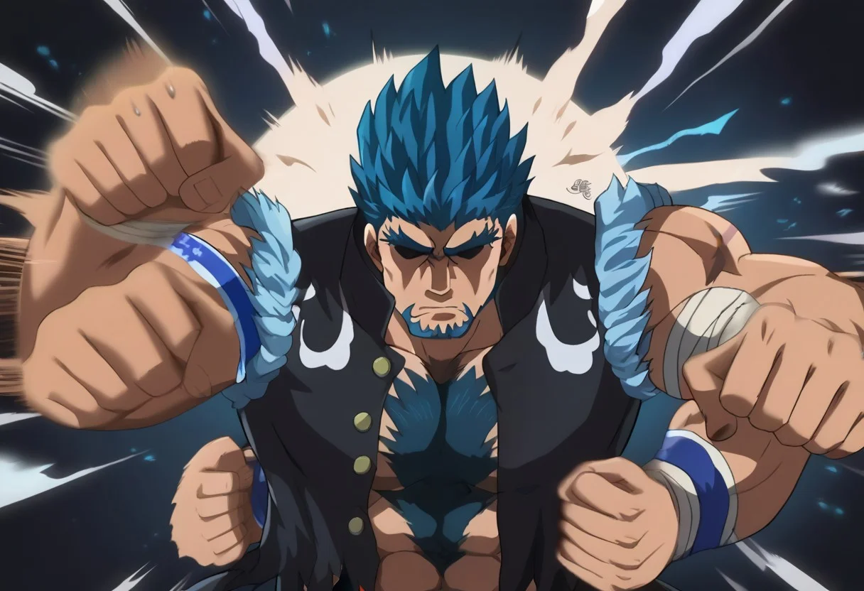 score_9, score_8_up, score_7_up, score_6_up, sperfect anatomy, perfect proportions, best quality, masterpiece, high-resolution, high quality, aesthetic, absurdres, (male focus), solo male, source_anime \(Bucchigiri\), anime coloring, BERKenichiro, Kenichiro Doman \(Bucchigiri\), hidden eyes, eyes in shadow, eyes hidden by shadows, dark blue hair, ponytail, sideburns, facial hair, goatee, chest hair, scars, scar on arm, Kenichiro outfit \(Bucchigiri\), Choran\(long school uniform\), Choran jacket\(long school uniform\), black jacket, sleeveless jacket, ripped sleeveless jacket, open jacket, torn clothes, bare shoulders, bare chest, bare abdomen, blue armband, Minato Kai armband \(Bucchigiri\), white wrist bandage, adult, mature, masculine, manly, handsome, charming, alluring, upper body, rushpunch,punching,multiple hands,fists,clenched fists, (motion_blur:1.2),(motion line:1.1), speed_lines, dynamic angle
dark background, blue lightning, purple glow, from front