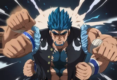 score_9, score_8_up, score_7_up, score_6_up, sperfect anatomy, perfect proportions, best quality, masterpiece, high-resolution, high quality, aesthetic, absurdres, (male focus), solo male, source_anime \(Bucchigiri\), anime coloring, BERKenichiro, Kenichiro Doman \(Bucchigiri\), hidden eyes, eyes in shadow, eyes hidden by shadows, dark blue hair, ponytail, sideburns, facial hair, goatee, chest hair, scars, scar on arm, Kenichiro outfit \(Bucchigiri\), Choran\(long school uniform\), Choran jacket\(long school uniform\), black jacket, sleeveless jacket, ripped sleeveless jacket, open jacket, torn clothes, bare shoulders, bare chest, bare abdomen, blue armband, Minato Kai armband \(Bucchigiri\), white wrist bandage, adult, mature, masculine, manly, handsome, charming, alluring, upper body, rushpunch,punching,multiple hands,fists,clenched fists, (motion_blur:1.2),(motion line:1.1), speed_lines, dynamic angle
dark background, blue lightning, purple glow, from front