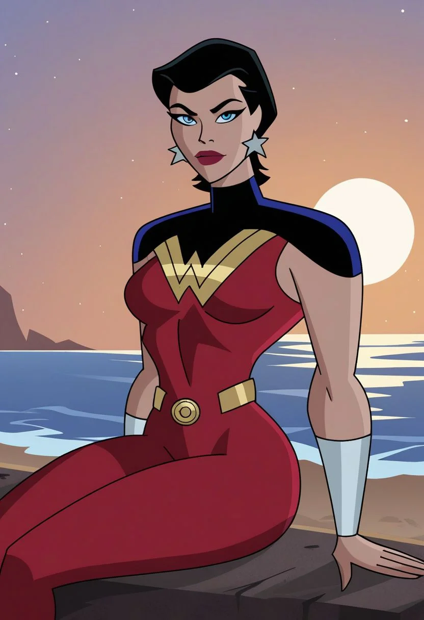 score_9, score_8_up, score_7_up, score_6_up, beach, sunset, sitting, sun, red sky, looking at viewer, BREAK DC_JLU_WonderWoman_JusticeLords_ownwaifu, 
1girl, blue eyes, jewelry, black hair, short hair, breasts, lipstick, makeup, red lips, star (symbol), belt, bracer, red bodysuit, wristband, star earrings, toned,