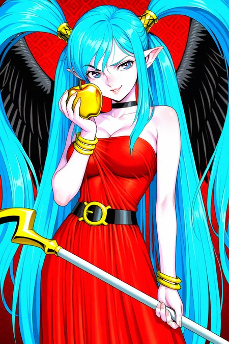 masterpiece, best quality, amazing quality, zodikki1, retro artstyle, GOHERIS, 1girl, blue hair, very long hair, pale blue skin, twintails, hair ornament, blue eyes, lips, choker, strapless long red dress, bracelets, upper body, black wings, aged up, holding golden apple, fingernails, simple pattern background, black belt, raised eyebrow, evil, looking at viewer, zig zag red background, evil smile, staff, holding staff
