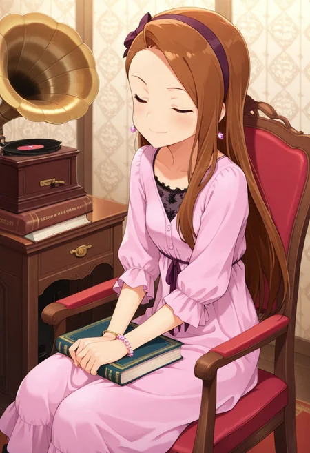 masterpiece,best quality,amazing quality, minase iori, long hair, brown hair, 1girl, closed eyes, jewelry, solo, hairband, earrings, smile, phonograph, sitting, chair, bracelet, book