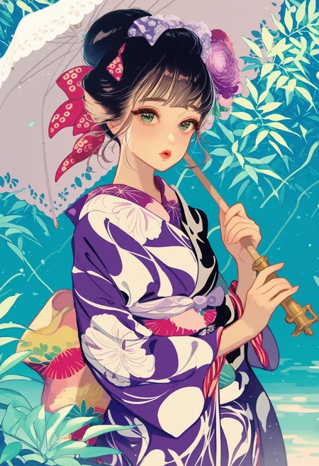 1girl, japanese clothes, umbrella, solo, kimono, looking at viewer, hair ornament, sash, obi, holding, black hair, parted lips, holding umbrella, floral print,print kimono, upper body, parasol, updo, hair bun, flower, single hair bun, brown hair, green eyes, purple kimono, ribbon, bow, hair flower, yukata, hair bow, short hair, lips, leaf, hair ribbon, plant, long sleeves, BREAK,highres,absurdres,masterpiece,newest,best quality,Visual impact,very awa,very aesthetic,amazing quality