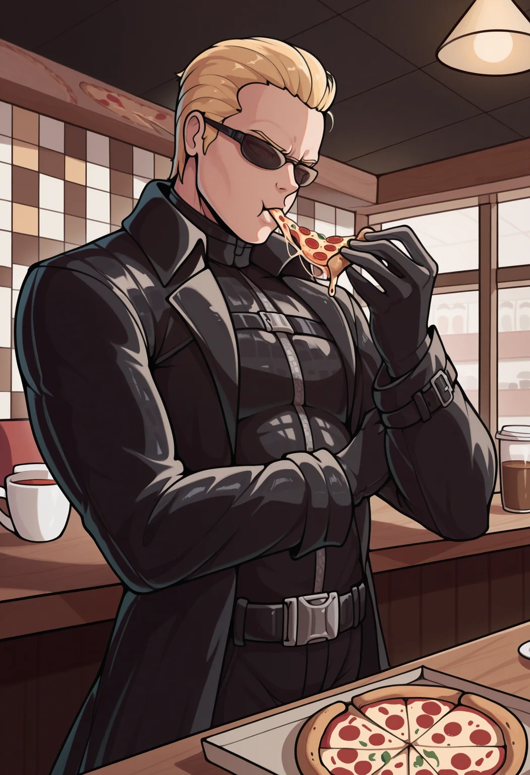 masterpiece, best quality, <lora:albertwesker-guy90-Illust-Lorav1:1>, albker, 1boy, solo, sunglasses, black gloves, blonde hair, short hair, slicked back, black coat, belt, black pants, long coat, eating pizza, indoors, cafe, checkered background