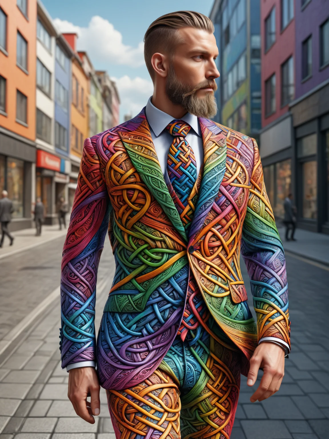 man wearing a colorful mad-viking-knot business suit walking through city, dynamic pose  <lora:Colorful_Viking_Knot_SDXL:0.6>, (masterpiece:1.2), best quality, (hyperdetailed, highest detailed:1.2), high resolution textures