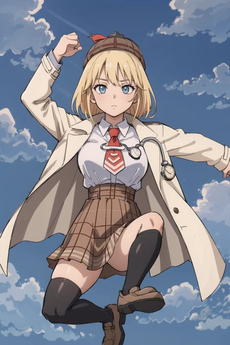 best quality, intricate details,




<lora:usoJump_v10:0.8> vjump,jumping, sky, <lora:ameliaWatsonHololive_v1:0.8> amelia watson, white shirt, red necktie, plaid skirt, high-waist skirt, thighhighs, stethoscope, pocket watch, detective, coat, deerstalker,