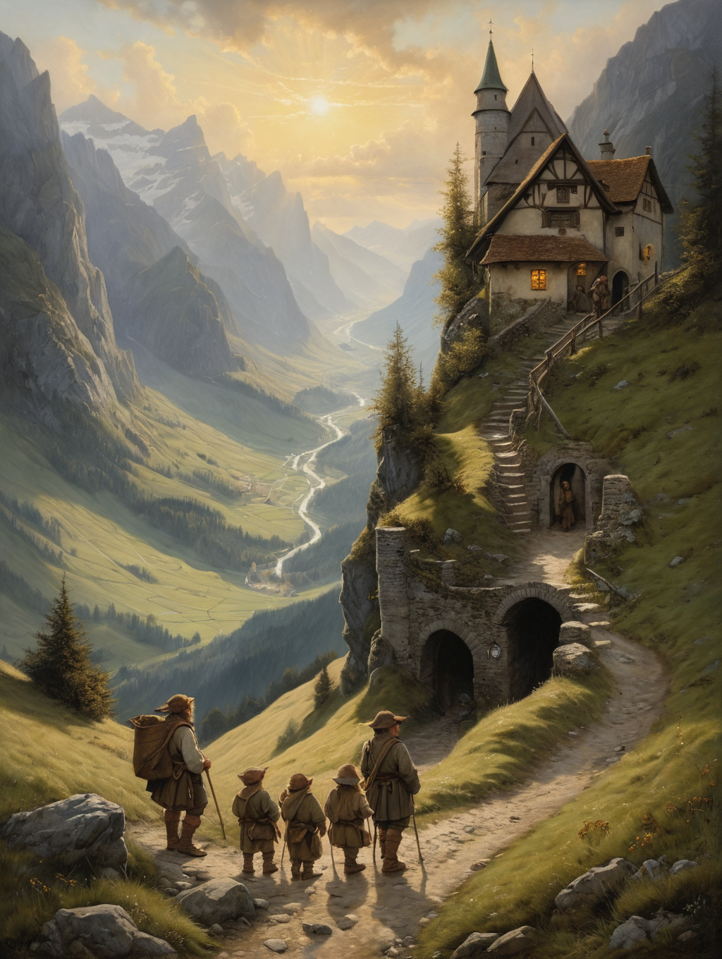 Oil Painting, In the Middle Ages, a group of travellers in medieval dress set off early in the morning over a steep mountain pass as the sun slowly rises over the peaks. The soft morning light illuminates the rugged rocks and green valleys,
, mystical, stormy, masterpiece, high detail, 8k, intricate, detailed, high resolution, high res, ultra high quality, <lora:add-detail-xl:1.8>
