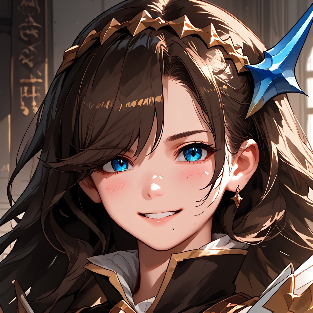 score_9, score_8_up, score_7_up, score_6_up, source_anime,GEN,
BREAK
1girl, solo, Cecile, blue eyes, mole under mouth, Knightcecile, brown hair, long hair, hair ornament, face focus, portrait, smile