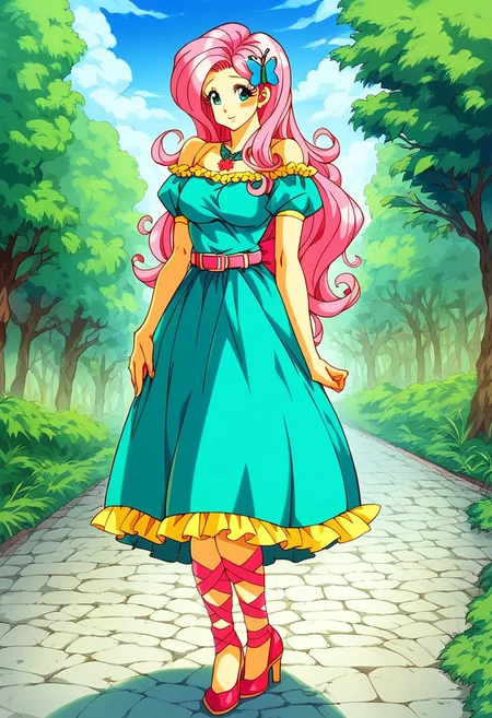 score_9, score_8_up, score_7_up, score_6_up, score_5_up, beautiful color, 
aesthetic, 2d, ARTSTYLE_DragonBallZ_ownwaifu
fullbody shot, fluttershybishoujo, fluttershy, 1girl, solo, fair skin, pink hair, long hair, teal eyes, teal butterfly hair clip, pink butterfly necklace, long teal dress, yellow frills, pink butterfly belt, pink leg ribbons, pink butterfly high heels, outdoors, parking lot, day