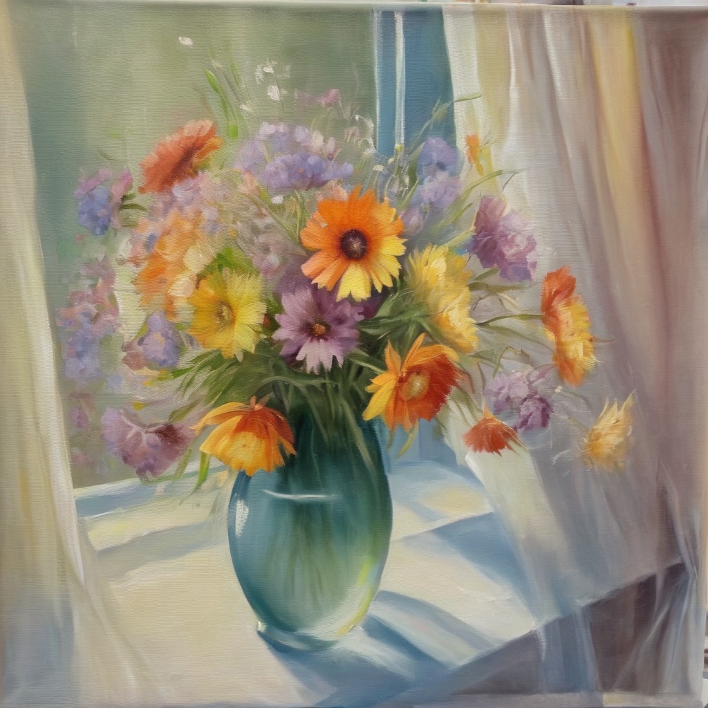 RM oil style, oil painting, basketflowers, vase, traditional media, no humans, still life, bouquet,  colorful, soft shadows, curtain, window