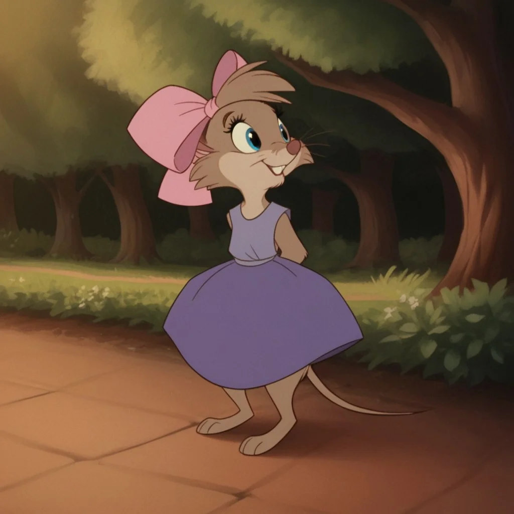 score_9, score_8_up, score_7_up, score_6_up, score_5_up, score_4_up, source_furry, TeresaBrisv2, semi-anthro, female, mouse, brown fur, whiskers, blue eyes, pink hair bow, purple dress, sleeveless, park, barefoot,  solo, 1girl,  smile, standing, hands behind back, shy,