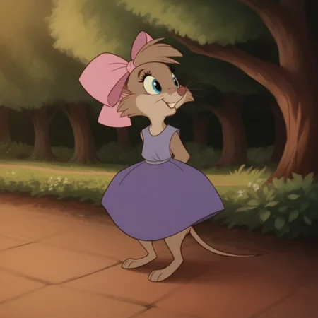 score_9, score_8_up, score_7_up, score_6_up, score_5_up, score_4_up, source_furry, TeresaBrisv2, semi-anthro, female, mouse, brown fur, whiskers, blue eyes, pink hair bow, purple dress, sleeveless, park, barefoot, solo, 1girl, smile, standing, hands behind back, shy,