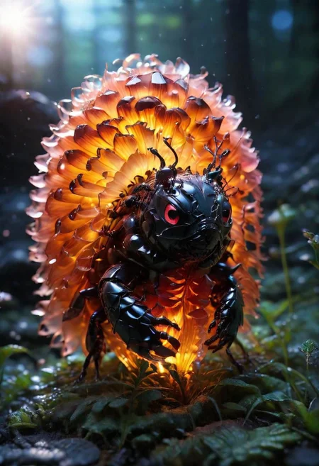 Mix the glowing-mushrooms, lobster and curly fur to create adorable magical ladybug with big glowing eyes, masterpiece, Surrealism, close-up, macro photo, f/1.2, backlighting, Albert Edelfelt, multicolored hair