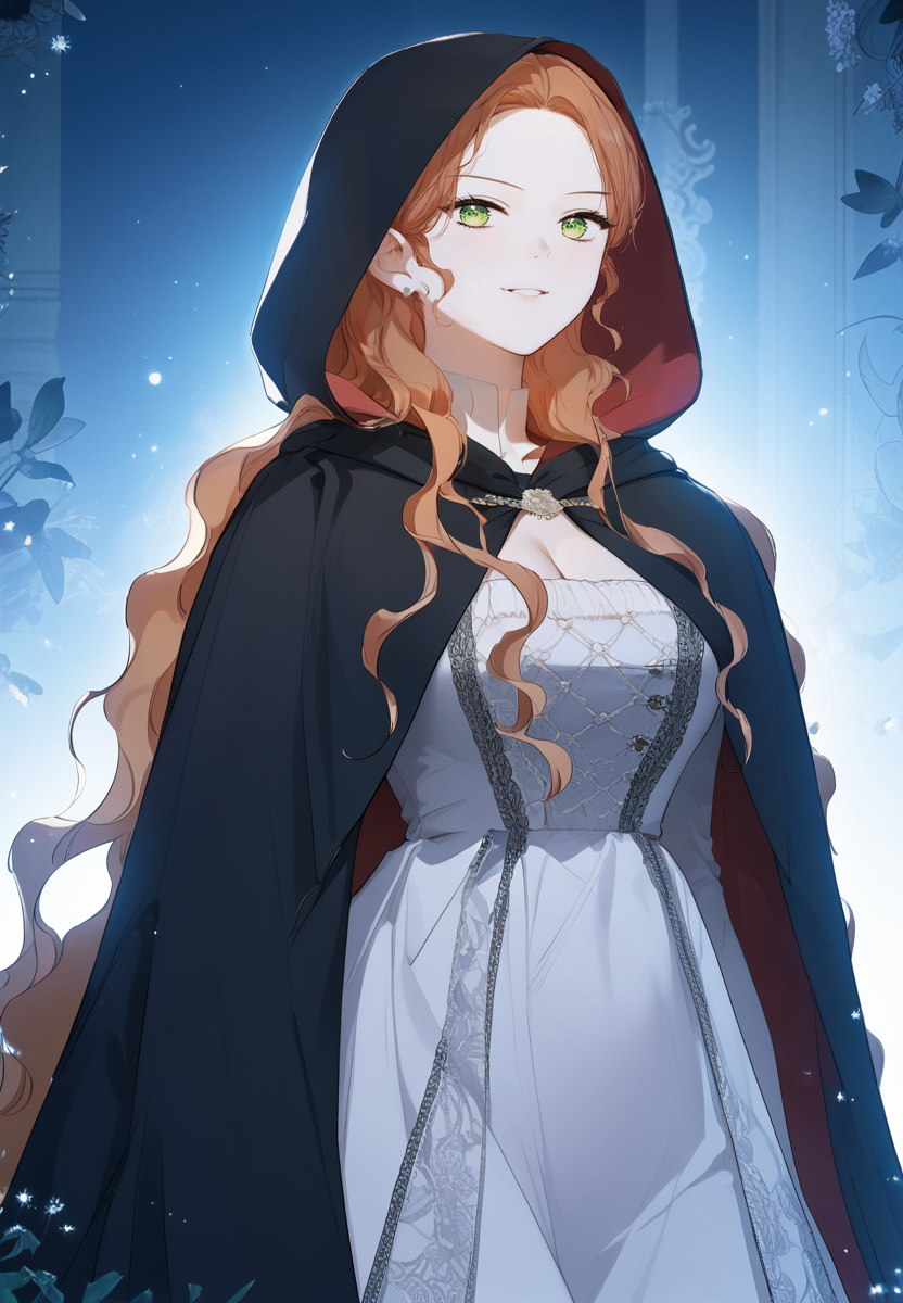 zPDXL3, score_9_up, score_8_up, score_7_up, (Anime_source),Masterpiece,(perfect female body:1.2), small waist, (incredibly detailed:1.4), slim, beautiful fingers, beautiful white skin, Beautiful clear skin, (large breasts:1.4) looking at viewer, big breasts, ass, perfect ass,  <lora:Florentia_Lombardi_-_Ill_Be_the_Matriarch_in_This_Life-Kaleid_PONY:1> florentialombardi, 1girl, long hair, wavy hair, green eyes, brown hair, neckline, parted lips, light smile, cloak, hooded cloak