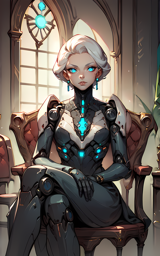 score_9, score_8_up, score_7_up, ,source_anime,
1girl , solo, portrait, looking at viewer,  , sitting, indoors, princess, jewelry, chair, rich, luxury, hexagon pattern,robot, glowing , white hair, 
<lora:StS_detail_slider_v1:1> <lora:DD-pnte-neg-v1:-1>  <lora:Anachrotech:1> asdfm3cha