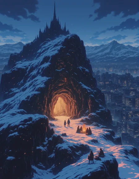 A snowy mountain peak where a group of adventurers is huddled around a campfire, with a glowing entrance to an ancient cave nearby.,
<lora:NeonFantasyFLUX:0.8> ne0nfant4sy,