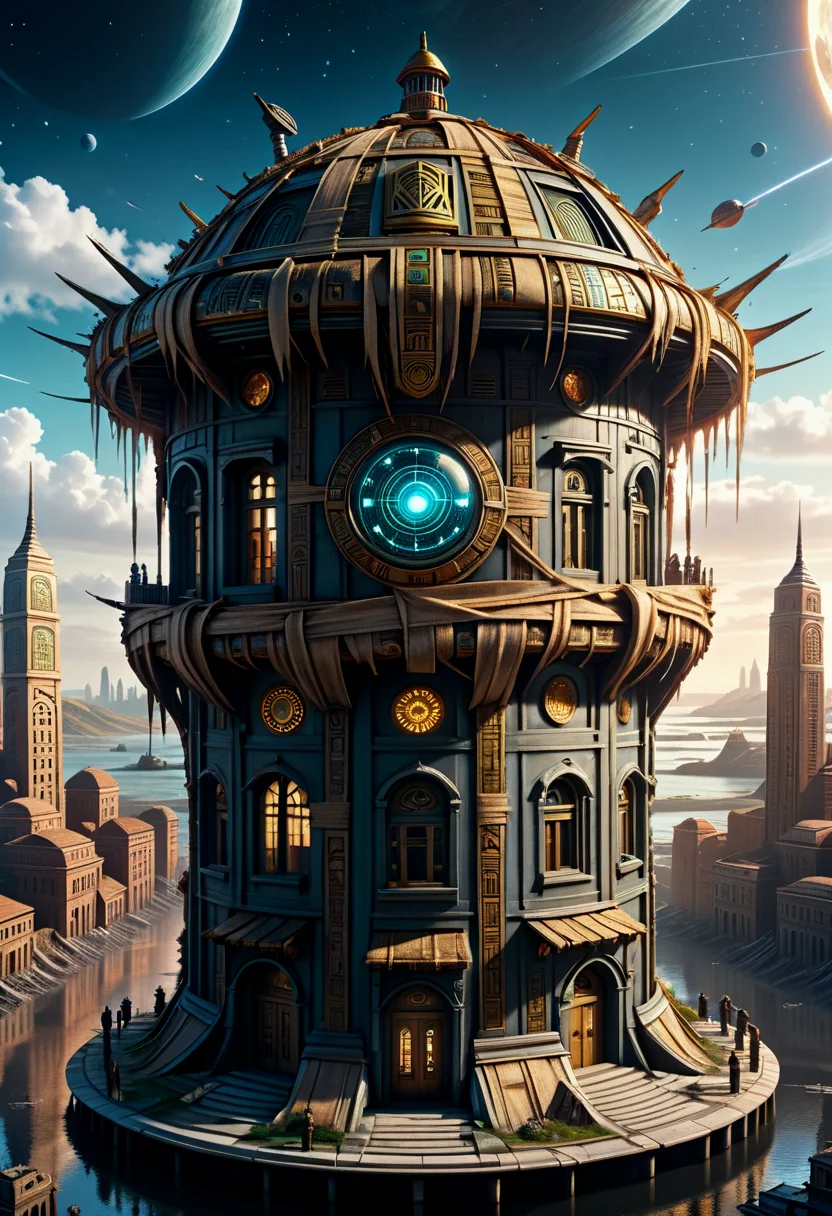 hyper detailed masterpiece, dynamic, awesome quality, dystopian cityscape cupola,shield,tidal estuary,celestial orbits, wrapped in bandages <lora:DonMM00m13sXL:1>