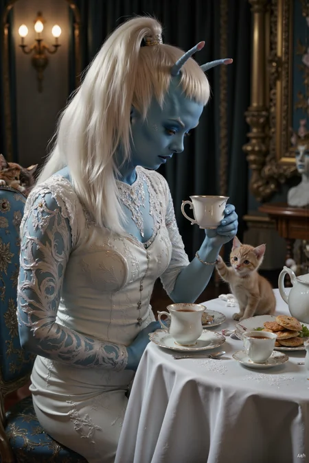A hyper-realistic portrait, photorealistic photo close-up image of In an opulent parlor room, an Andorian woman with a long, white, neat ponytail tied with a satin ribbon sits at a round table draped in lace, pouring tea from a delicate porcelain teapot. She wears a high-necked, lace-trimmed dress, her blue skin contrasting beautifully against the pale fabric. Her antennae twitch slightly as she listens to the animated chatter of her friends, a group of finely dressed human women seated around the table. The soft clinking of teacups and the scent of fresh scones fill the air, but as she raises her cup to her lips, she suddenly freezes, her antennae standing upright. A small, determined kitten, unnoticed until now, has climbed up the table and is batting playfully at her long ponytail, mistaking it for a toy. The Andorian woman lets out a surprised laugh, her calm composure cracking as the kitten tugs at her hair, while her friends burst into giggles at the unexpected intrusion. Setting down her cup, she scoops the kitten into her arms, her smile warm and amused, as the kitten purrs contentedly in her lap. (photography, high-resolution, dynamic, energetic,hyper-realistic, dramatic lighting, shallow depth of field.), detailmaximizer, MythP0rt<lora:midjourney_whisper_flux_lora_v01:0.55><lora:aidmaMJ6.1-FLUX-V0.1:0.4><lora:FluxMythP0rtr4itStyle:0.4><lora:detailed_flux_ntc:2.2><lora:aidmaImageUpgrader-FLUX-V0.1:0.65><lora:andorian_FLUX>