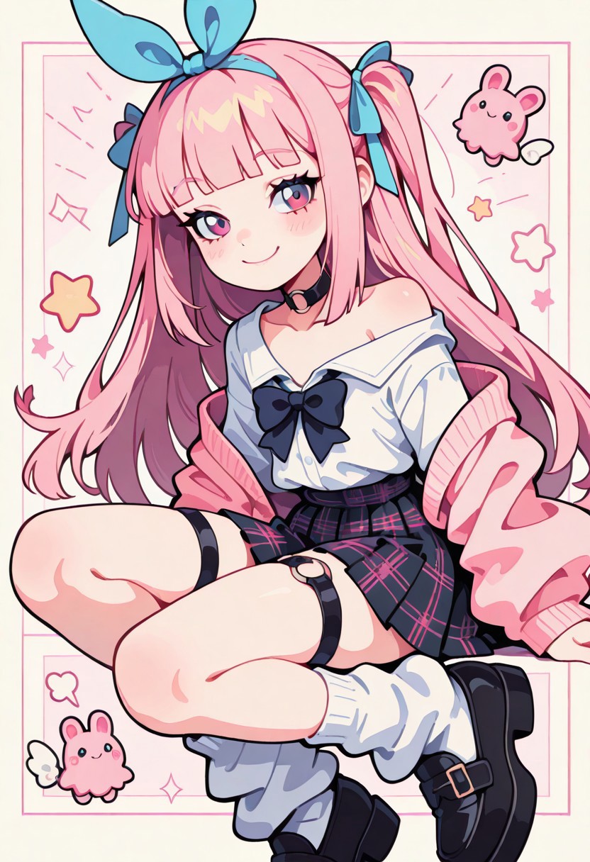 1 girl , solo , blushing , closed mouth , bratty smile , eyelashes , cute , long straight hair , blunt bangs , winking , star , ribbon , hair ribbon , 
slim , slender , 
thigh strap, choker, o-ring choker, pink cardigan, bowtie, white shirt, shirt open, tucked in, plaid skirt, pleated skirt, bare shoulder, white socks, loose socks, black footwear, 
masterpiece, best quality ,amazing quality ,S4bit4mago_illu , Protoneon  ,s0wasow4rt_illu, t1m3r
