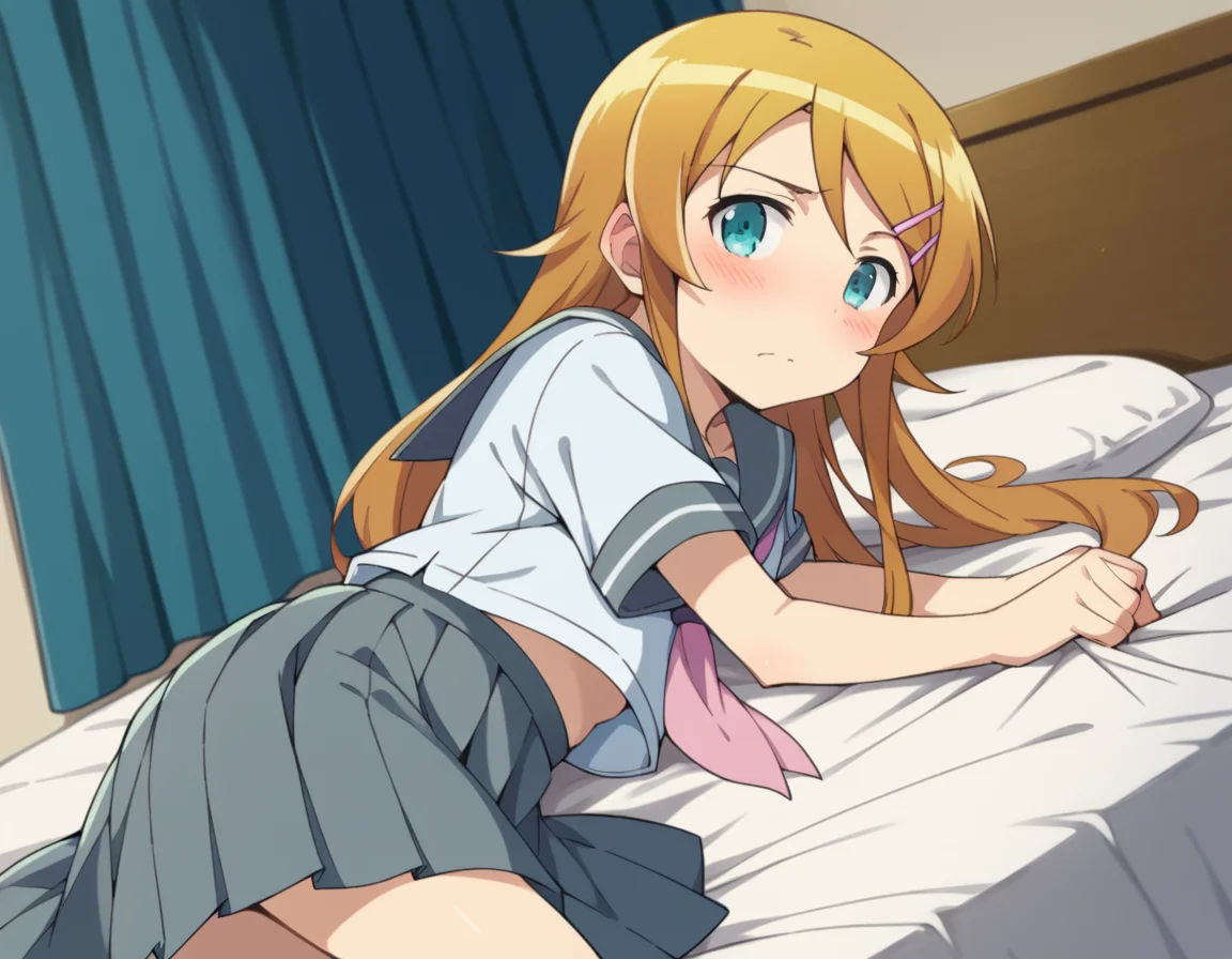 score_9, score_8_up, score_7_up, source_anime,
kirinokousaka, <lora:kirino-kousaka-s2-ponyxl-lora-nochekaiser:1>,
kirino kousaka, long hair, blue eyes, hair ornament, hairclip, orange hair, aqua eyes,
skirt, school uniform, serafuku, shirt, white shirt, grey sailor collar, grey skirt, pleated skirt, neckerchief, pink neckerchief,
indoors, bed, bed room, on side, blush, drunk,
looking at viewer, cowboy shot, solo, dutch angle,