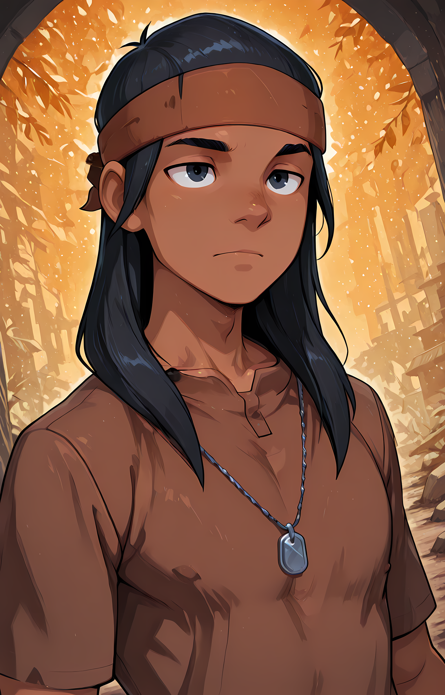 masterpiece, best quality, amazing quality, dutch angle, abstract background, BREAK
solo, male focus, 1boy, yj_tye, dark skin, black hair, long hair, headband, dog tags, clothed, upper body focus, BREAK
 <lora:Tye Longshadow - Young Justice - ILXL:1>, <lora:[Artstyle] Thicc_Boys_Style_Illustrious :1> thicc boys <lora:Bara Style ILXL:1>